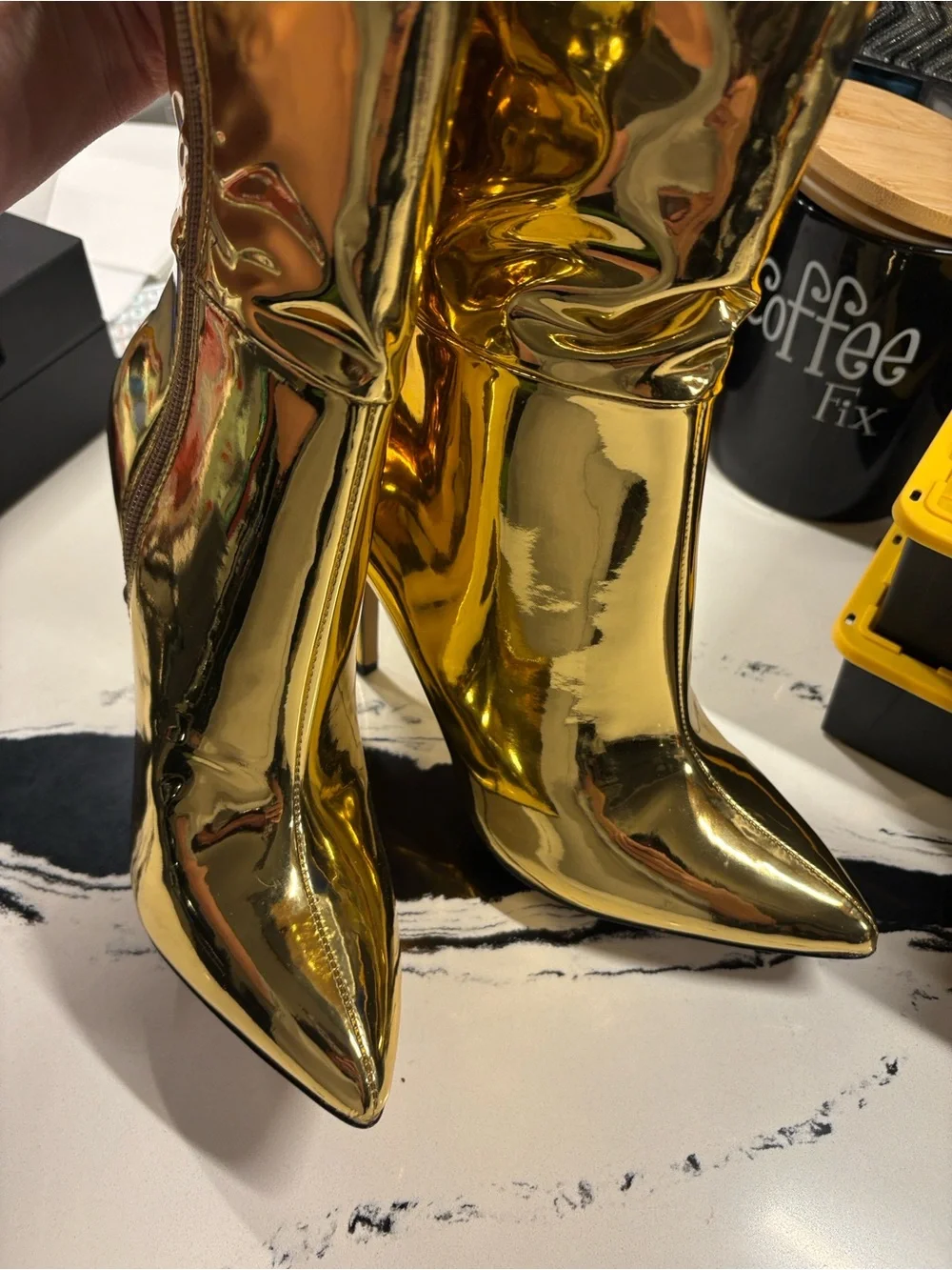 INC International Concepts Shiny Gold Over-the-Knee Ruched Stiletto Boots